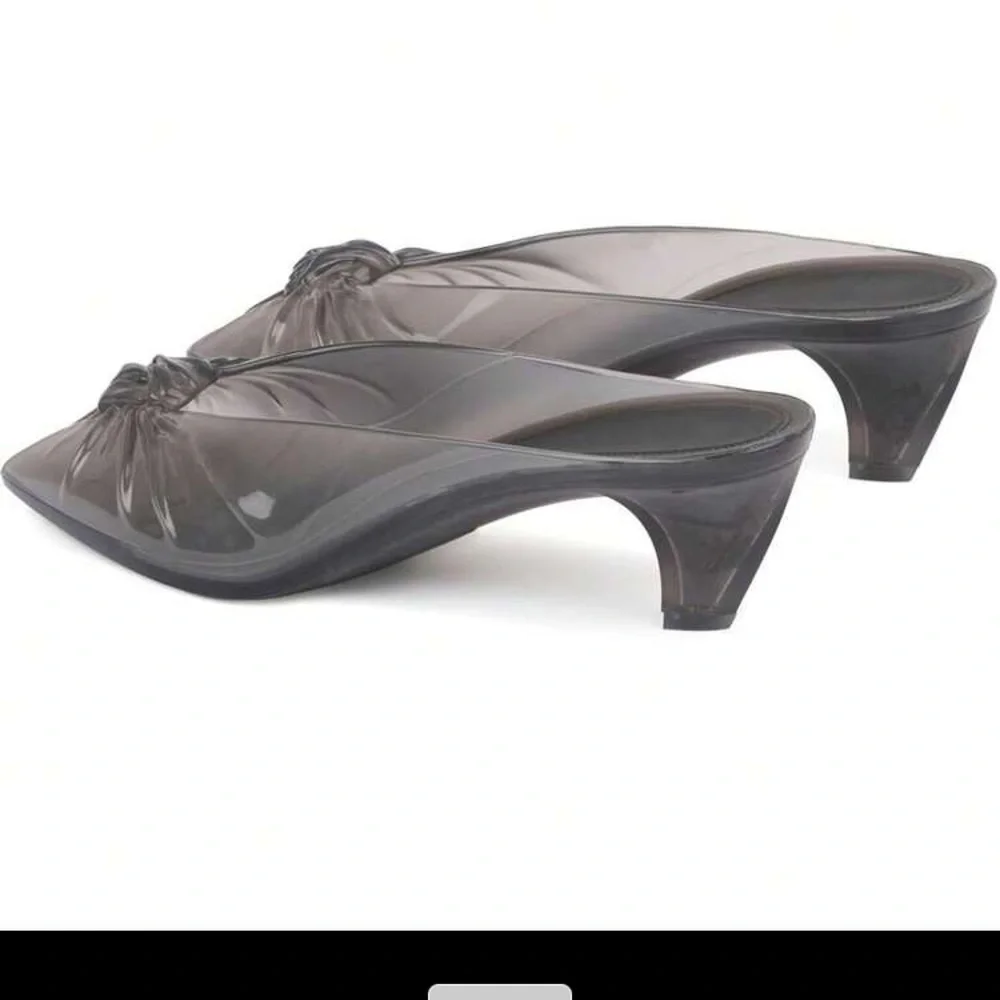 Jelly Black Puff Knot Pointed Toe Kitten Heels  (Transparent Black)